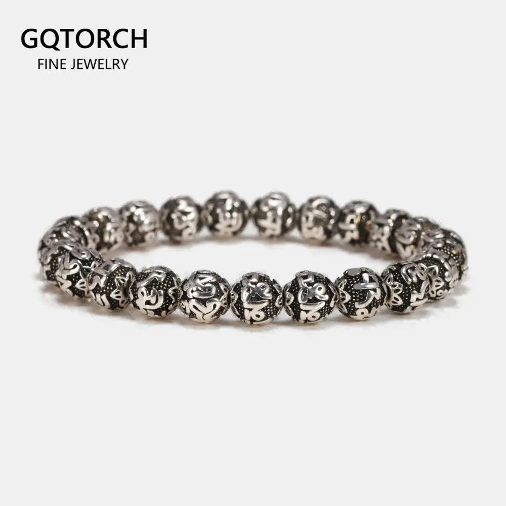 8mm OM Mantra Beads Bracelet For Men Women Elastics Strings White Copper 108 Beads Scriptures Engraving Prayer Buddhist Jewelry - GQTORCH Jewelry