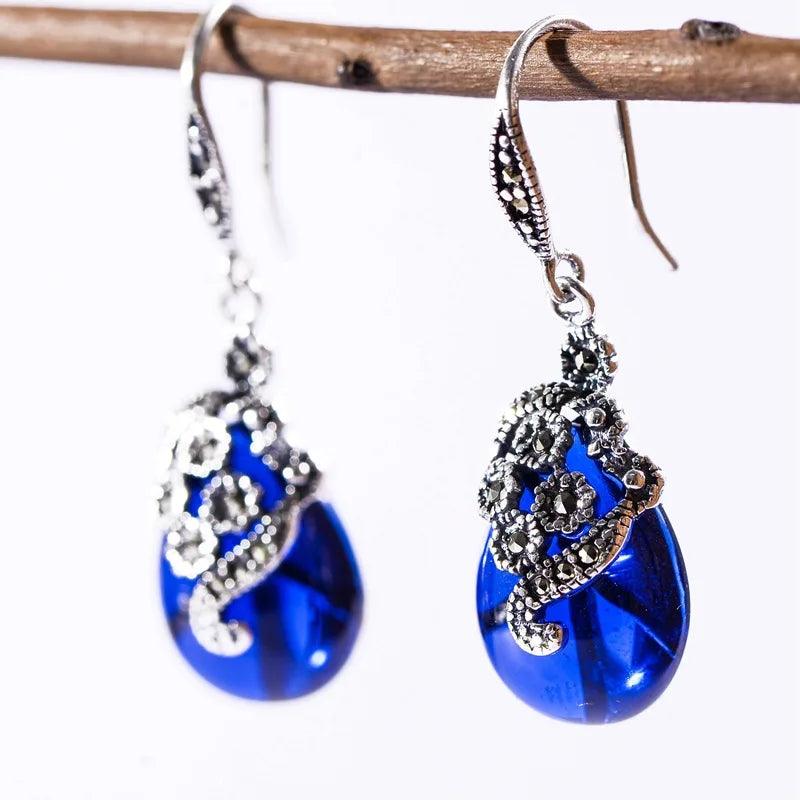 Vintage Dangling Earrings Real 925 Sterling Silver Jewelry Natural Garnet Red Stone Carved Flower Drop Shaped Earrings for Women - GQTORCH Jewelry