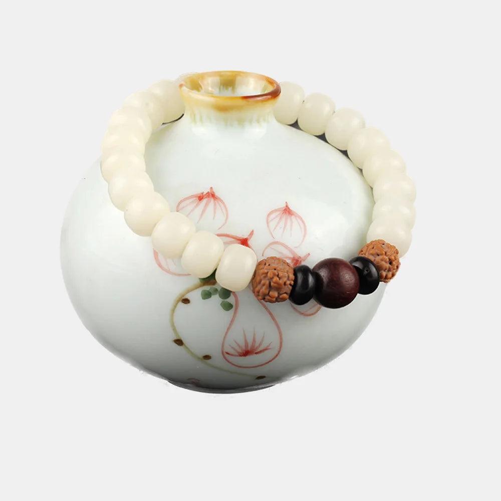 Tibetan Buddhism Mala Beads Bracelet With Rudraksha Vajra Natural White Bodhi Seed Prayer & Yoga Meditation OM Jewelry - GQTORCH Jewelry