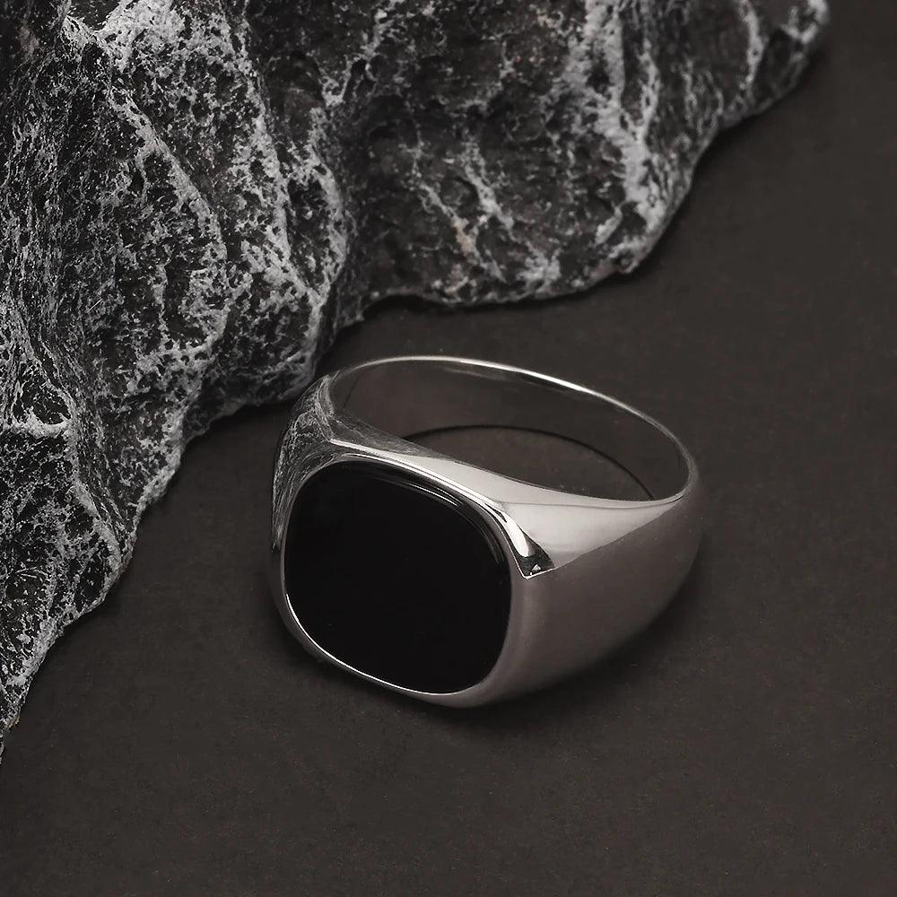 S925 Sterling Silver Black Onyx Signet Ring for Men Trendy Retro Smooth Punk Rock Party Jewelry Pinky Ring Wedding Accessories - GQTORCH Jewelry