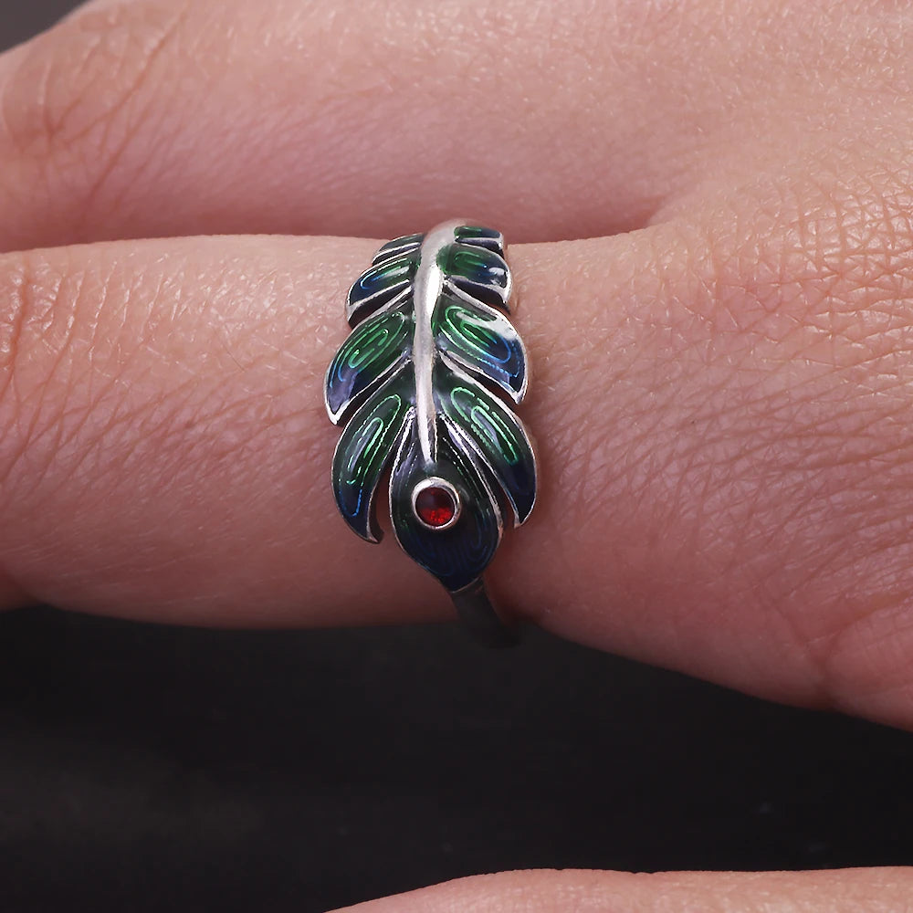 925 Sterling Silver Peacock Feather Ring Earrings for Women Green Color Enameling Vintage Fashion Jewelry Set