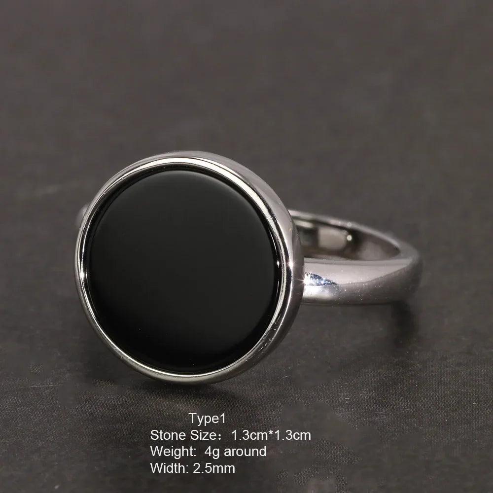 Real 925 Sterling Silver Ring Simple Round Ring Turkish Black Onyx Shell Minimalist Adjustable Jewelry for Men and Women - GQTORCH Jewelry