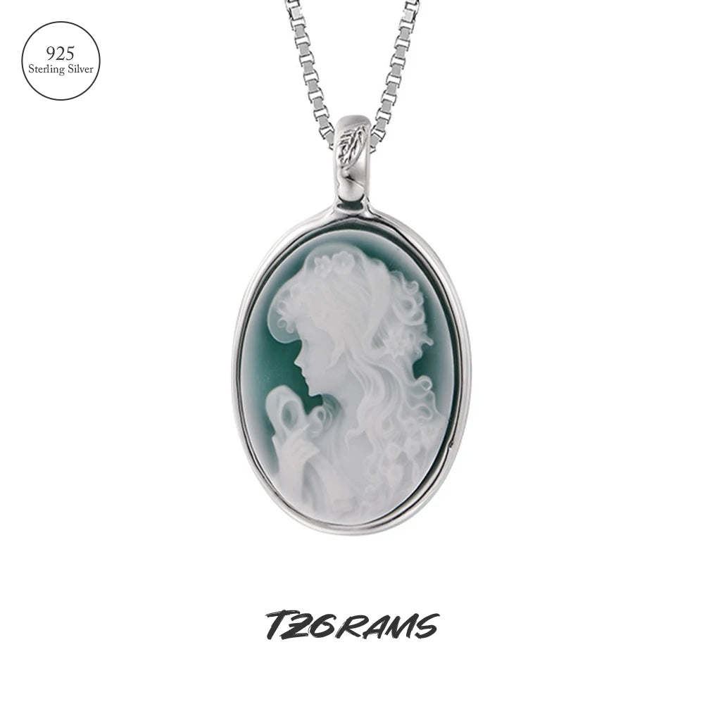 S925 Sterling Silver Natural Blue/Green Agate Goddess Oval Cameo Pendant Necklace for Women White Shell Trendy Elegant Vintage Jewelry