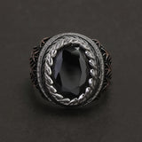 925 Sterling Silver Black Onyx Signet Ring for Men Wheat Engraved Oval Shaped Vintage Turkish Rings Male Jewelry Gift