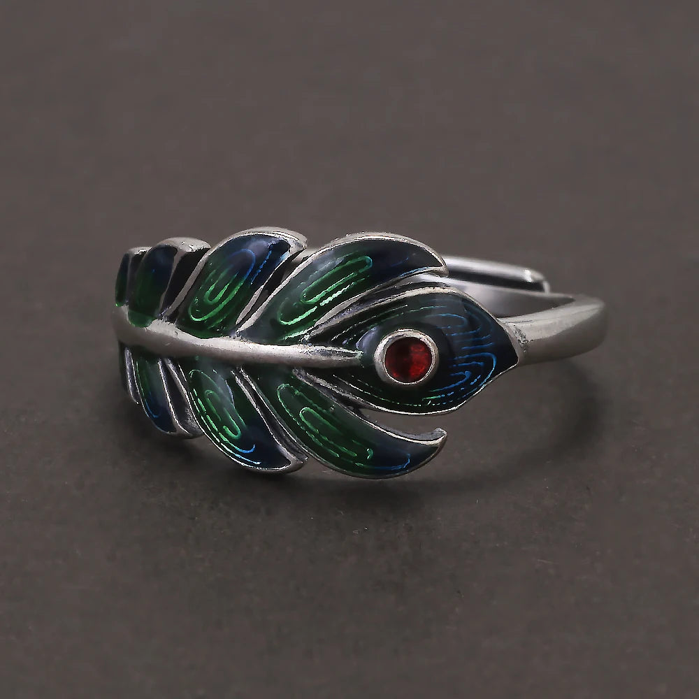 925 Sterling Silver Peacock Feather Ring Earrings for Women Green Color Enameling Vintage Fashion Jewelry Set