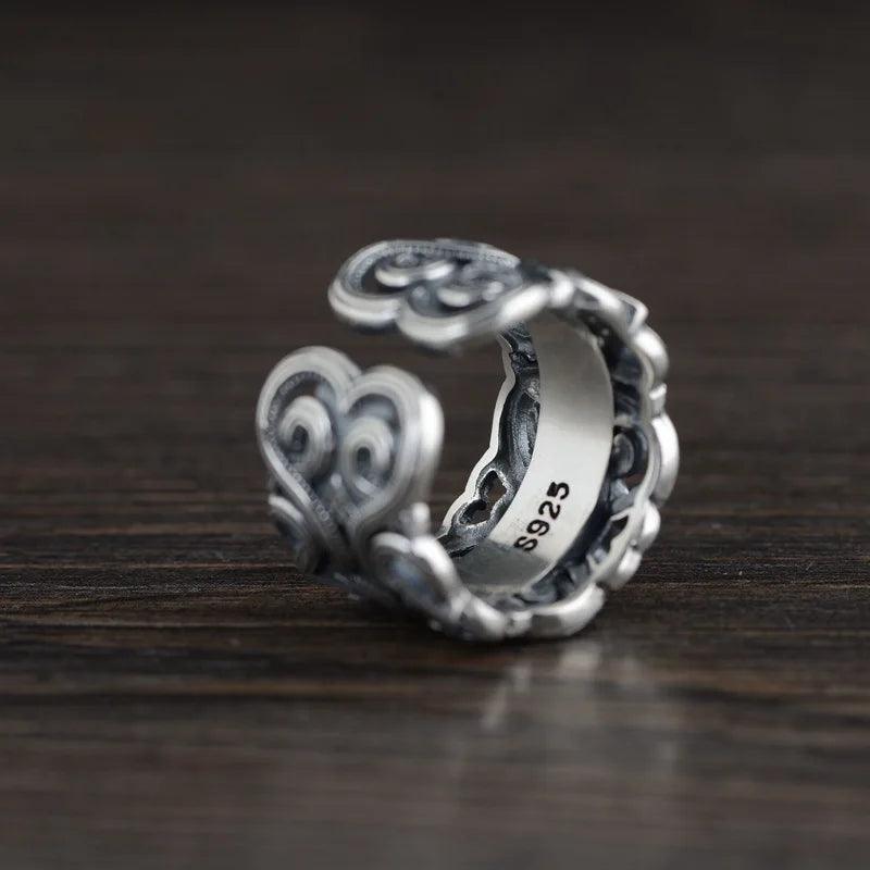 S925 Sterling Silver Vintage Thai Silver Inlaid Black Agate Ring Men and Women Hollow Pattern Wide Couple Rings Silver Ring - GQTORCH Jewelry
