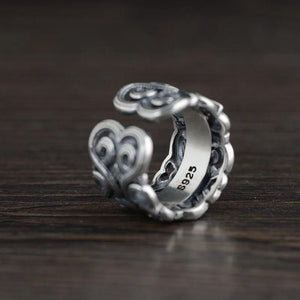 S925 Sterling Silver Vintage Thai Silver Inlaid Black Agate Ring Men and Women Hollow Pattern Wide Couple Rings Silver Ring - GQTORCH Jewelry