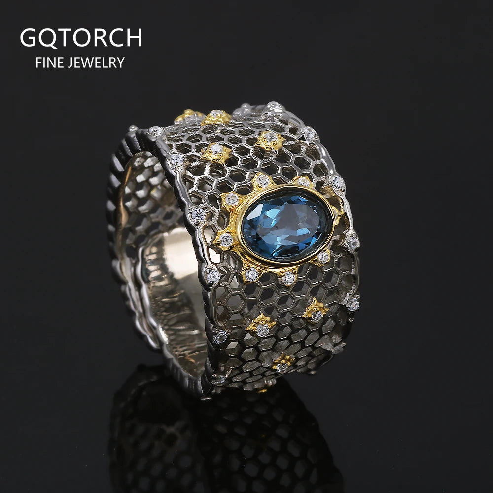 925 Sterling Silver Topaz Stone Women's Wedding Ring Wide Adjustable Hollow Out Luxury Royal Style Vintage Fashion Jewelry