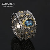 925 Sterling Silver Topaz Stone Women's Wedding Ring Wide Adjustable Hollow Out Luxury Royal Style Vintage Fashion Jewelry