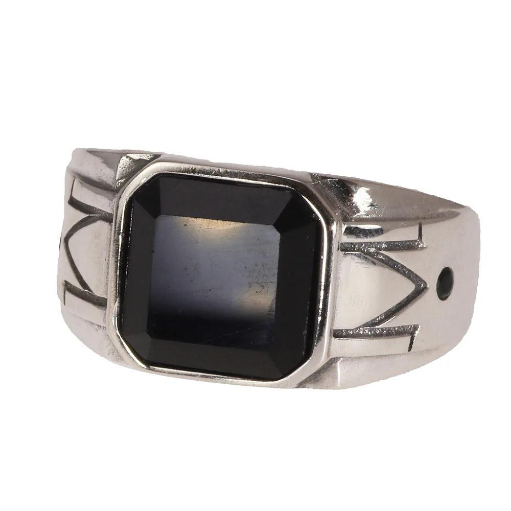 Solid 925 Sterling Silver Vintage Punk Simple Boys Ring with Natural Black Onyx Square Stone Carving Pattern Silver Jewelry - GQTORCH Jewelry