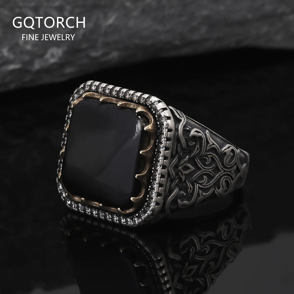 Solid S925 Silver Vintage Natural Stone Signet Ring Red Black Agate Green Jade Flower Engraved Fashion Turkish Wedding Jewelry