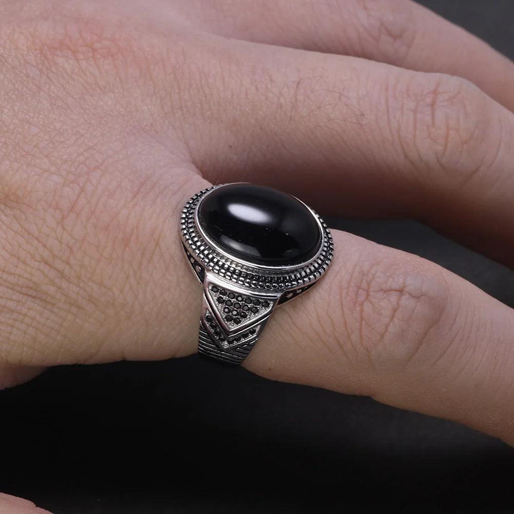 Real Pure 925 Silver Rings Cool Antique Turkey Ring For Men With Natural Stone Oval Black Onyx Turkish Jewellery Anelli Uomo - GQTORCH Jewelry
