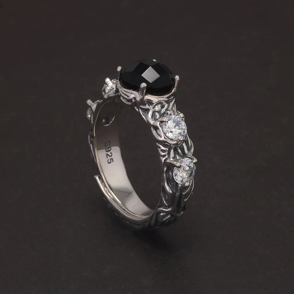 Vintage Round Black Onyx Engagement Ring for Women 925 Sterling Silver Natural Onyx Stone Zircon Adjustable High Quality Jewelry