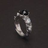 Vintage Round Black Onyx Engagement Ring for Women 925 Sterling Silver Natural Onyx Stone Zircon Adjustable High Quality Jewelry