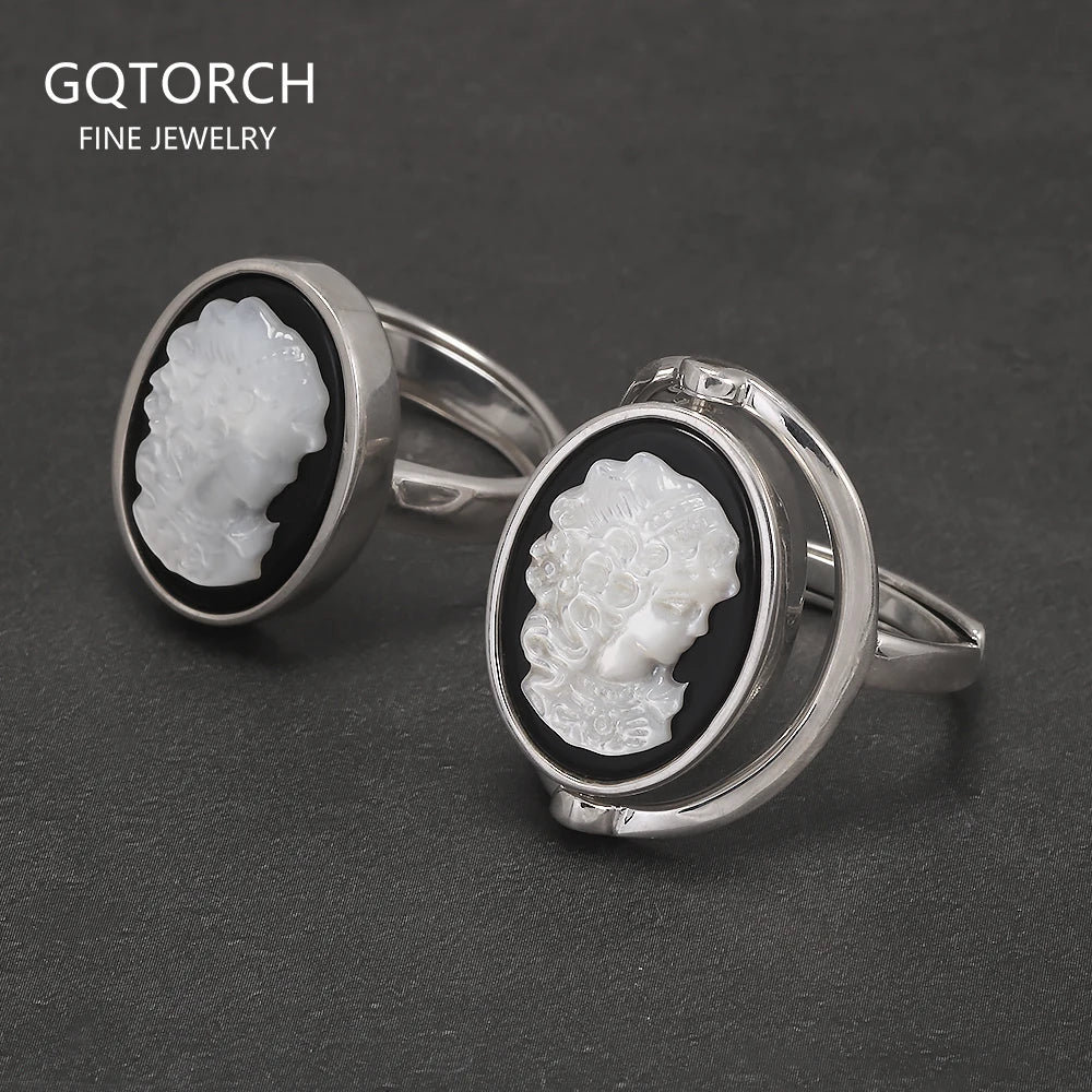 925 Sterling Silver Black Onyx Queen Cameo Ring for Women Double Sides Rotatable Rings Natural Shell Vintage Jewelry Adjustable