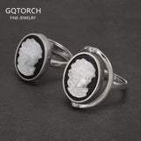 925 Sterling Silver Black Onyx Queen Cameo Ring for Women Double Sides Rotatable Rings Natural Shell Vintage Jewelry Adjustable