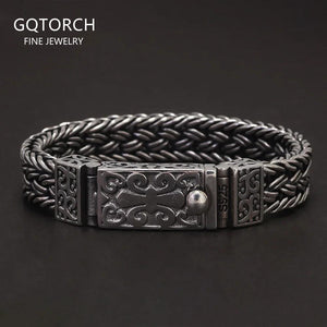 100% S925 Sterling Silver Wide Braided Charm Bracelet for Men Antique Thai Silver Symbol Woven-Chain Handmade Fine Jewelry - GQTORCH Jewelry