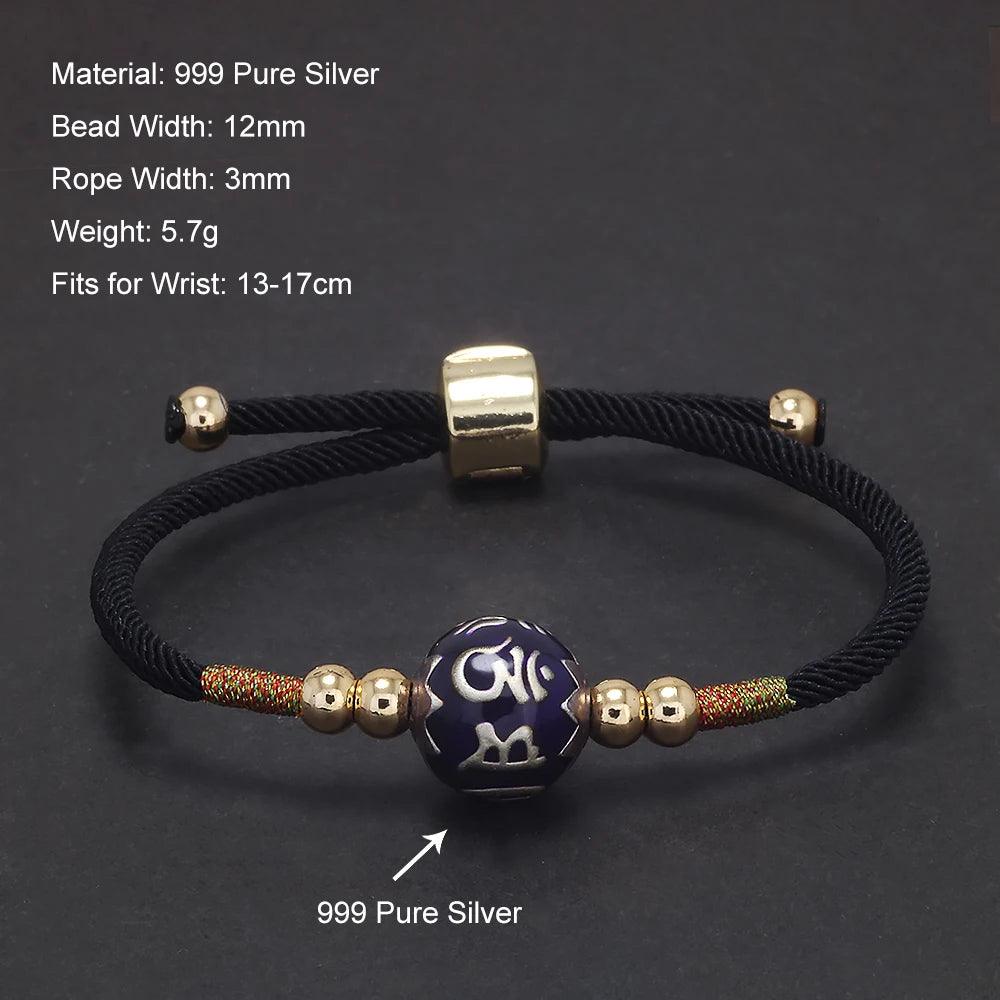 999 Fine Silver Six Words Mantra Bead Braided Black Rope Bracelet for Women Men Antiqued Retro Lucky Bracelet Amulet Jewelry - GQTORCH Jewelry