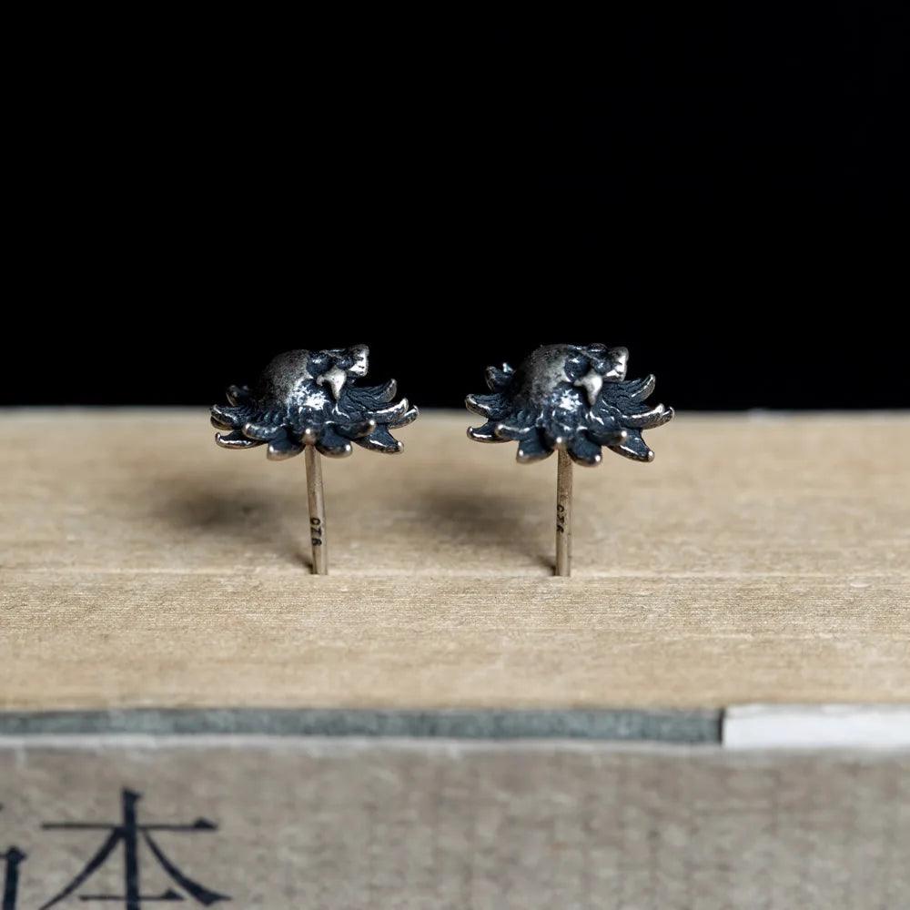 Real 925 Sterling Silver Skeleton Earrings For Women Sunflower Shape Gothic Punk Style - GQTORCH Jewelry