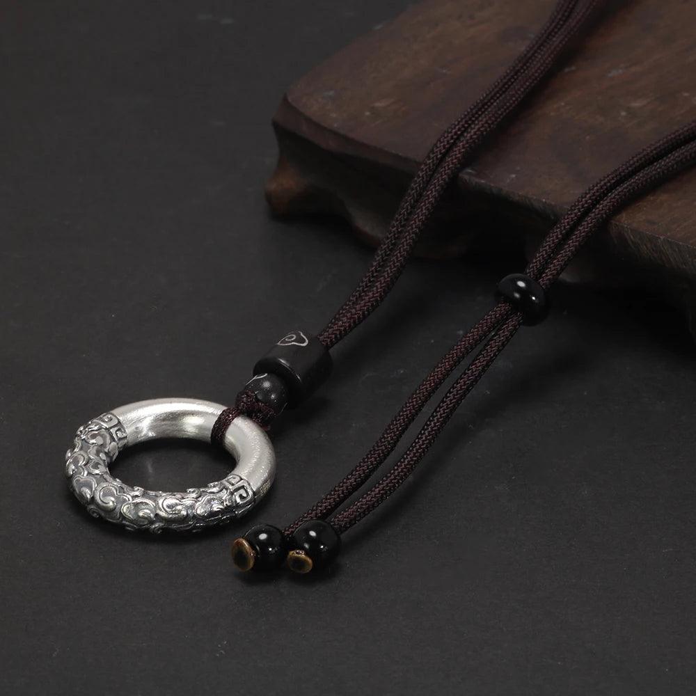 Pendant & Necklace Solid 999 Sterling Silver Peace Buckle Auspicious Clouds Rope Sweater Chain Men Women Buddhist Couple Jewelry - GQTORCH Jewelry