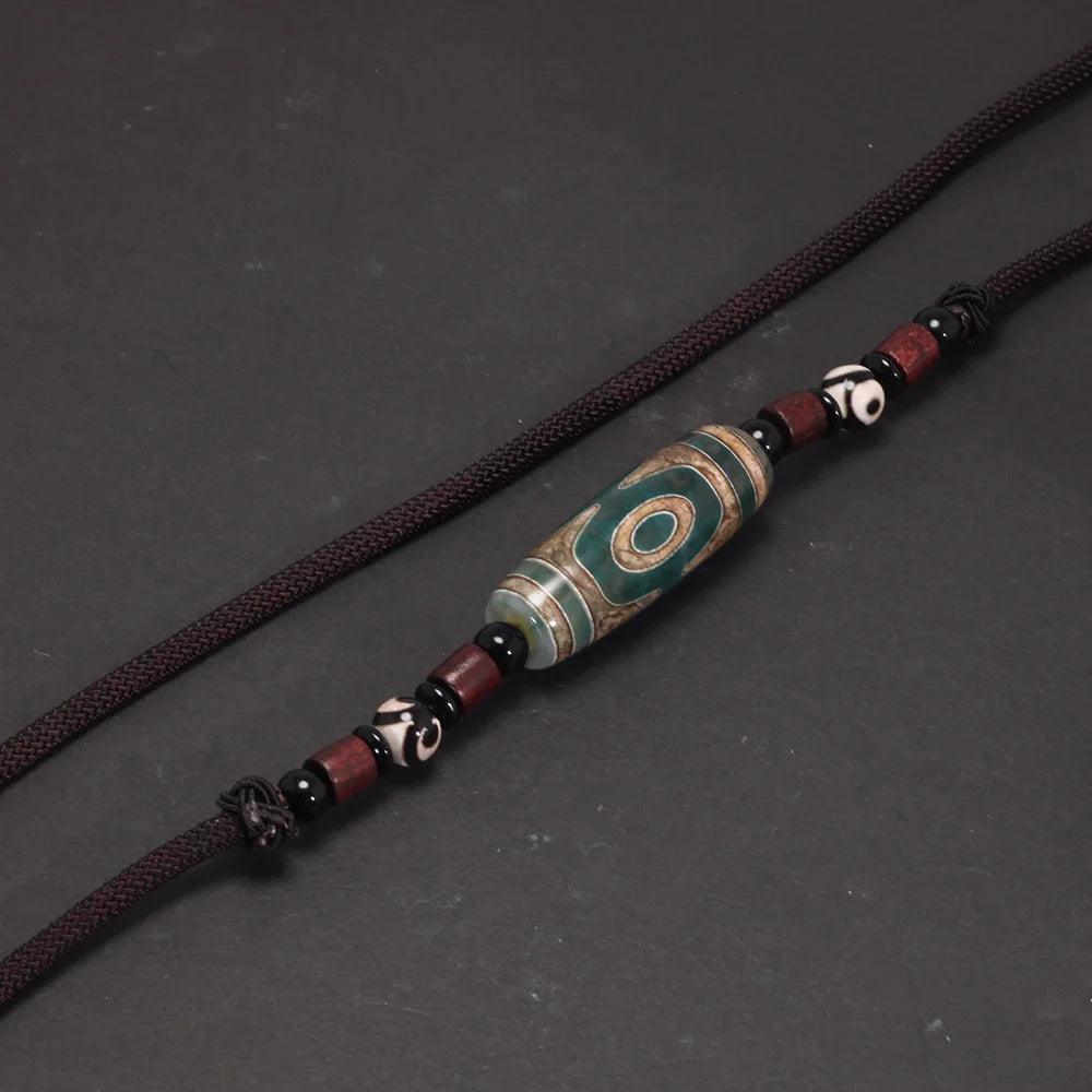 Natural Tibetan Onyx 3 Eyes Dzi Pendant Necklace Adjustable Rope Chain Choker Necklace For Women And Men Buddhism Jewelry - GQTORCH Jewelry