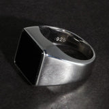Solid 925 Sterling Silver Square Plain Ring for Men With Natural Black Agate Simple Rustic Flat Top Hallmarked Band Male Jewelry - GQTORCH Jewelry