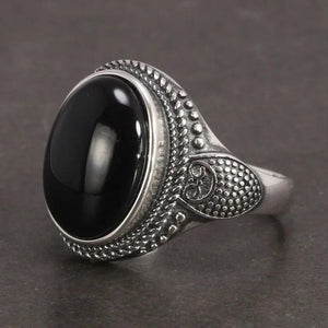 Real Pure 925 Sterling Silver Natural Black Onyx Stone Rings For Women Vintage Style Thai Silver Resizable Open Type - GQTORCH Jewelry