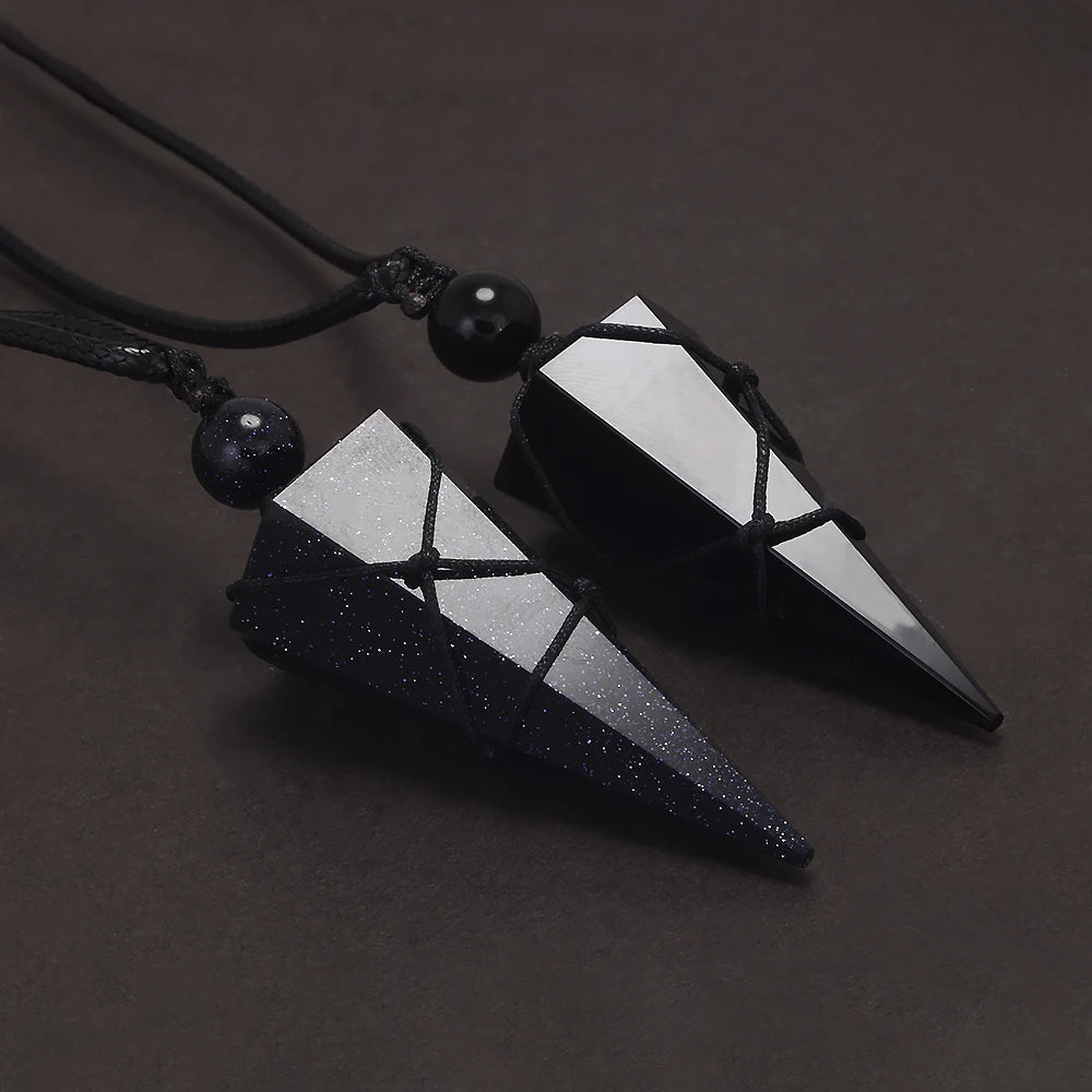 Natural Stone Geometric Pendant Necklace for Men Black Obsidian Blue Sandstone Adjusted Leather Rope Retro Vintage Jewelry