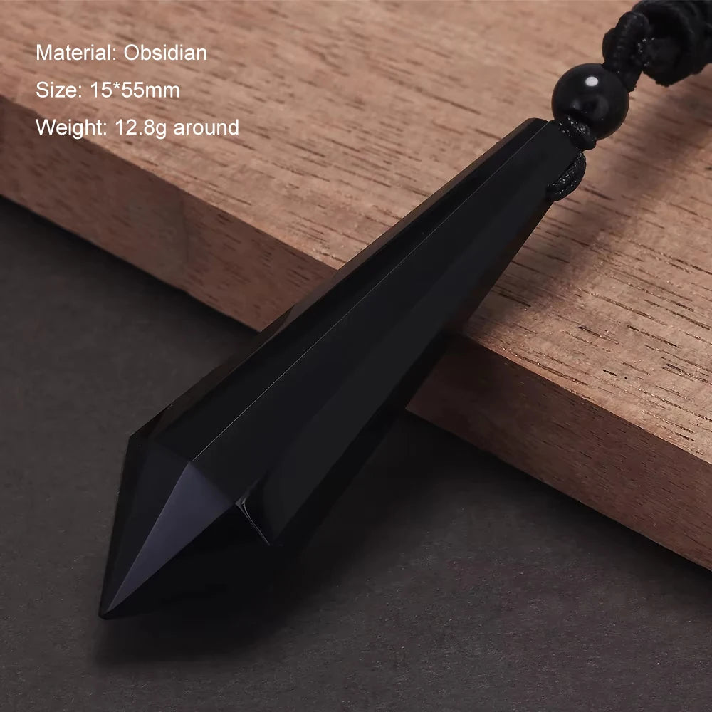 Natural Stone Geometric Pendant Necklace for Men Black Obsidian Blue Sandstone Adjusted Leather Rope Retro Vintage Jewelry
