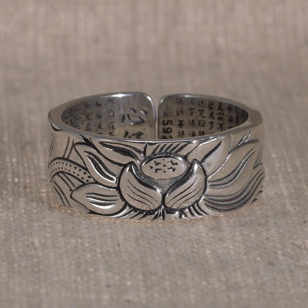 Real 925 Sterling Silver Lotus Rings For Men And Women HEART SUTRA Scriptures Engraved Buddhism Jewelry Size 5-13 - GQTORCH Jewelry