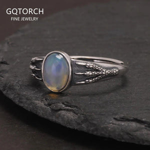 Retro Punk Dragon Claw Ring with Opal 925 Sterling Silver Oval Natural Stone Women Vintage Finger Ring Adjustable Fine Jewelry - GQTORCH Jewelry