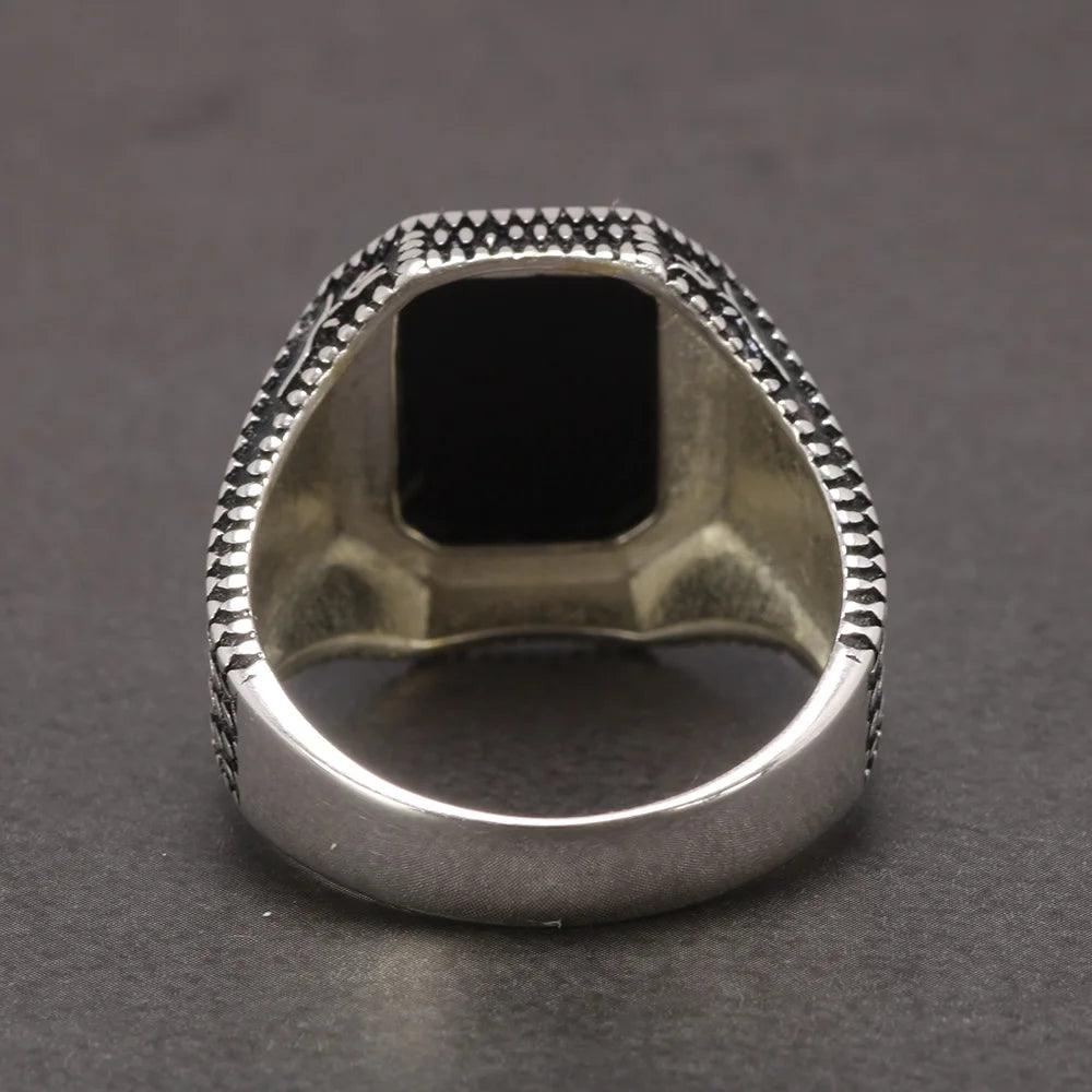 Real Pure 925 Sterling Silver Signet Rings for Men Ottoman Tugra With Black Agate Natural Stone Retro Rose Flower Engraved - GQTORCH Jewelry