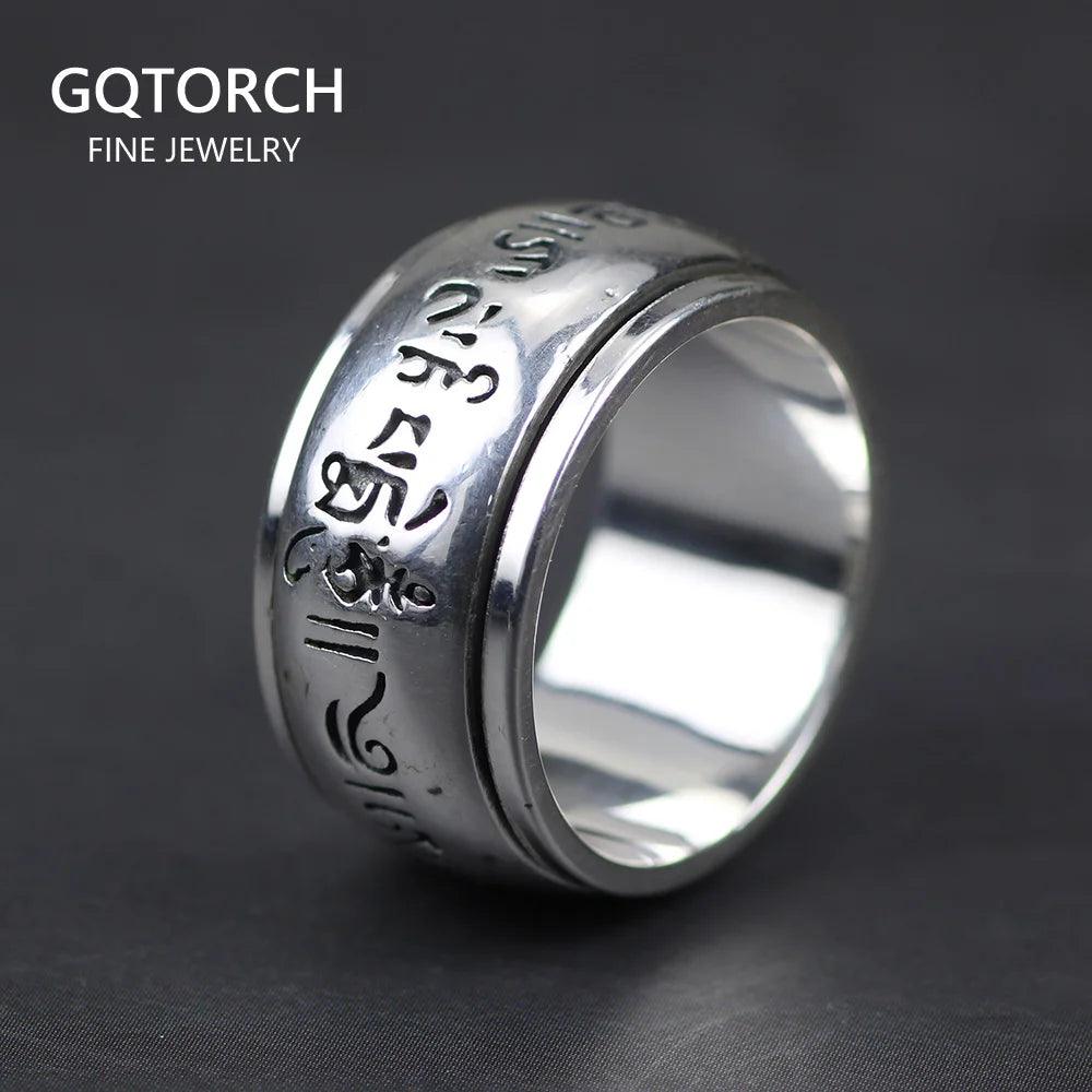 Real 990 Sterling Silver Mantra Rings Rotatable Shifting Lucky Tibetan Six Words Om Mani Padme Hum Buddha Ring For Men And Women - GQTORCH Jewelry