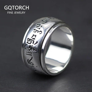 Real 990 Sterling Silver Mantra Rings Rotatable Shifting Lucky Tibetan Six Words Om Mani Padme Hum Buddha Ring For Men And Women - GQTORCH Jewelry