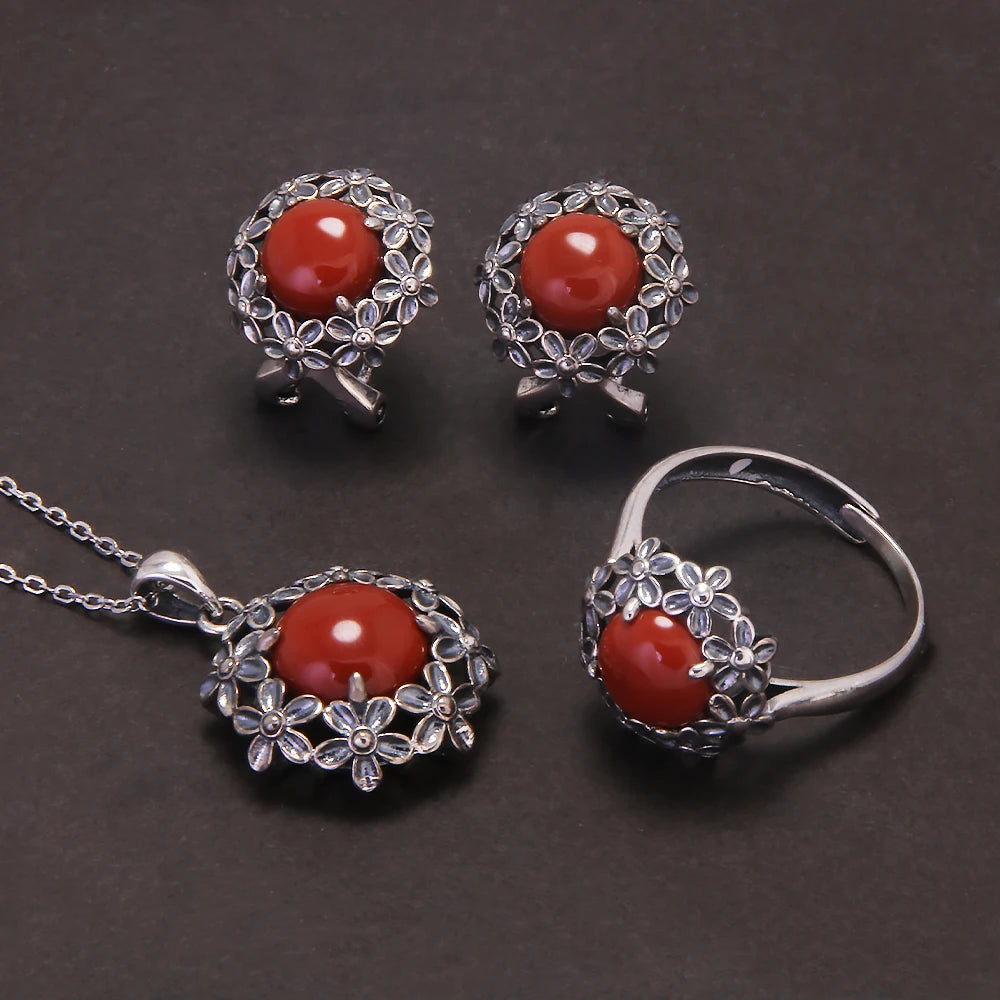 925 Sterling Silver Red Agate or Jade Floral Jewelry Set for Women Begonia Flower Ring Earrings Necklace Elegant Vintage Jewelry