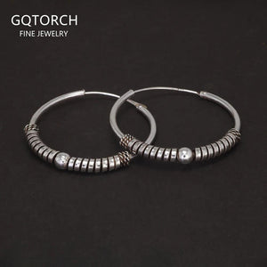 18mm 24mm 30mm 925 Sterling Silver Round Circle Earrings Vintage Punk Women Men Hoop Earrings With Silver Bead Handmade Jewelry - GQTORCH Jewelry