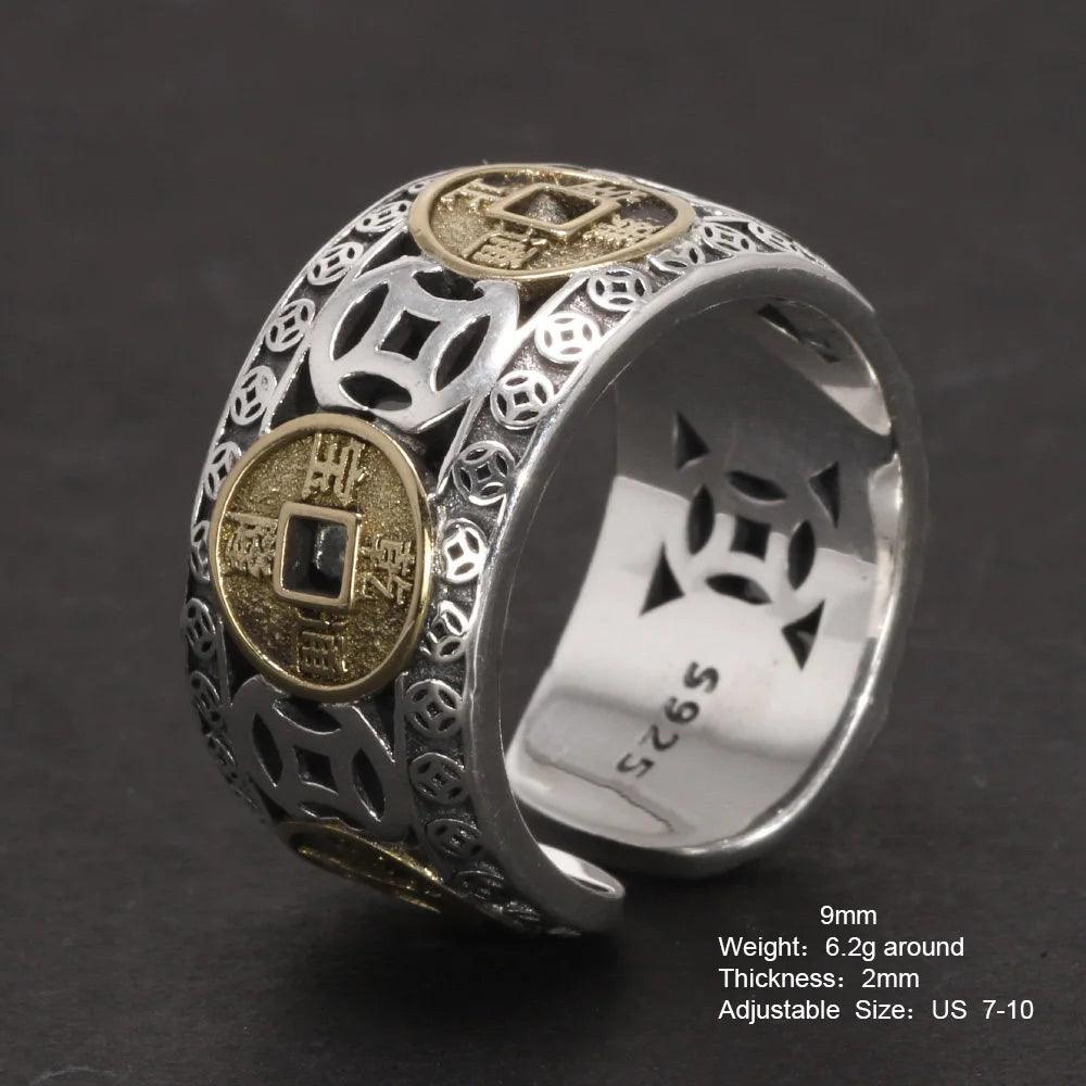 Real 925 Sterling Silver Men and Women's Five-emperor Coin Hollow-out Ring Adjustable Exquisite Vintage Good Lucky Jewelry - GQTORCH Jewelry