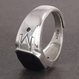 Solid 925 Sterling Silver Vintage Punk Simple Boys Ring with Natural Black Onyx Square Stone Carving Pattern Silver Jewelry - GQTORCH Jewelry