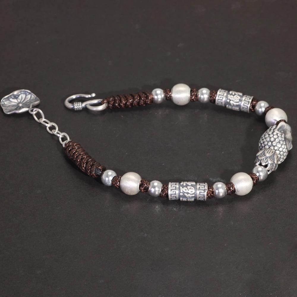 Real 999 Pure Silver Lucky Buddha Handwoven Bracelet for Men and Women Adjustable Lotus Beads Religious Jewelry - GQTORCH Jewelry