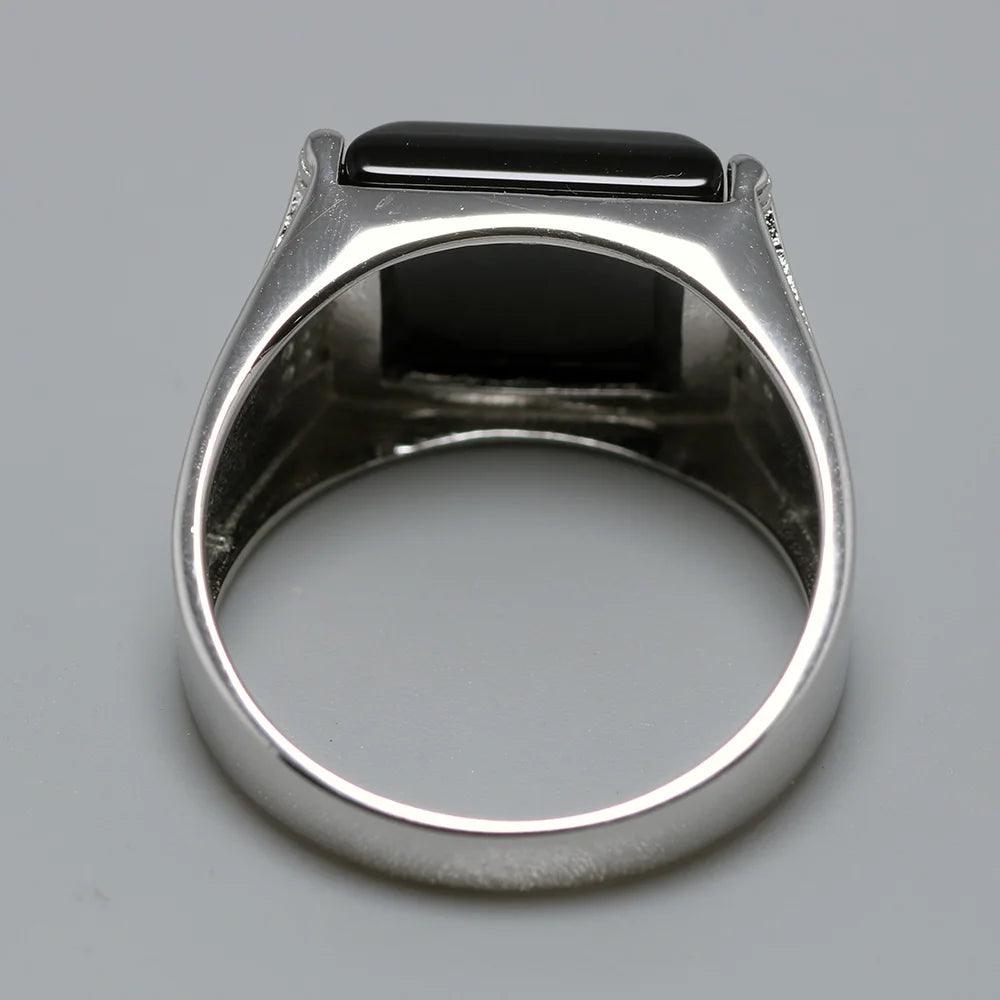 Solid Silver 925 Mens Rings Minimalist Turkish Rings For Men Black Square Natural Stone Turkey Male Jewelry Bague Homme - GQTORCH Jewelry
