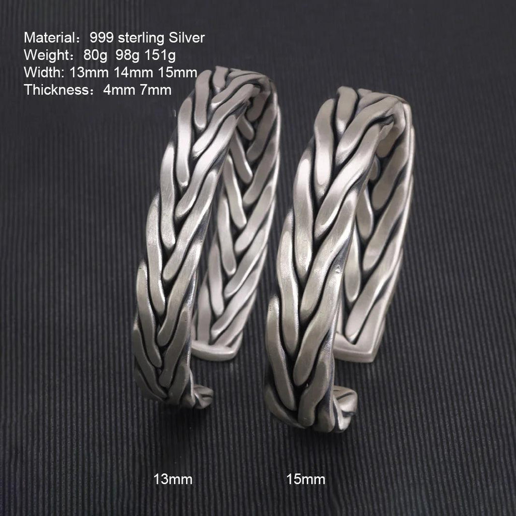 Heavy 999 Sterling Silver Braided Bracelet For Men Retro Solid Thick Handmade Viking Jewelry Opening Adjustable - GQTORCH Jewelry