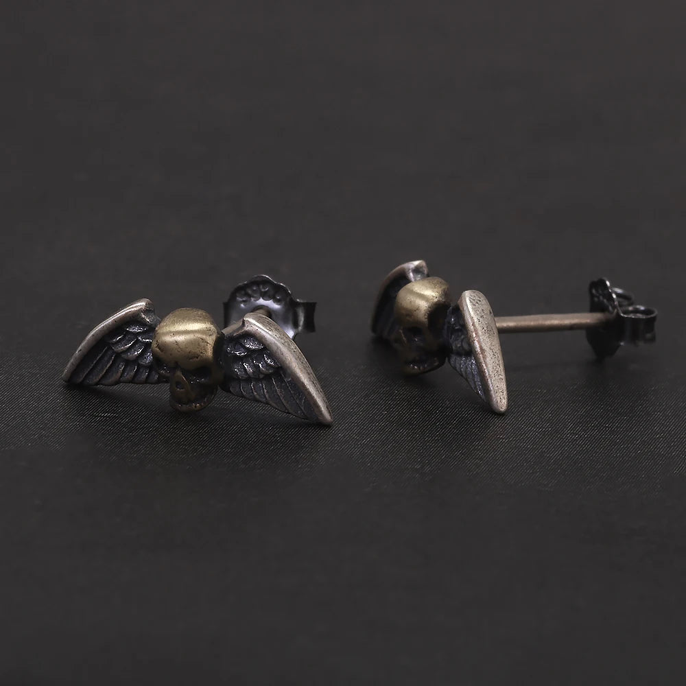 Solid 925 Sterling Silver Skull Angel Wing Stud Earrings for Men Women Punk Retro Street Gothic Ear Studs Creative Jewelry