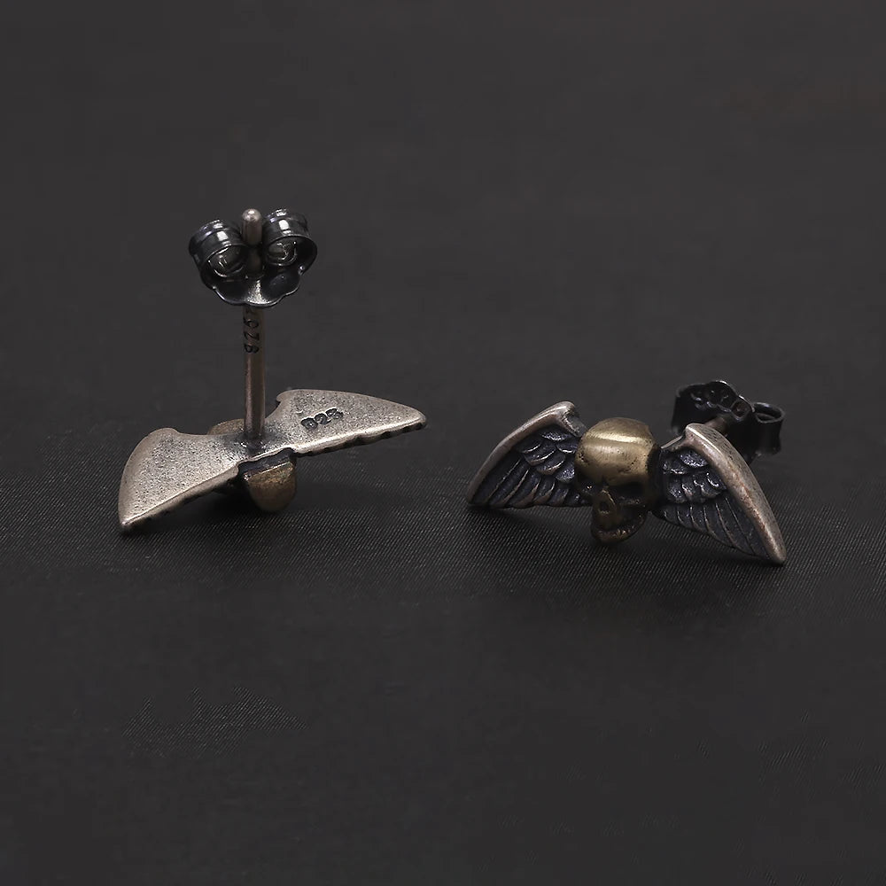 Solid 925 Sterling Silver Skull Angel Wing Stud Earrings for Men Women Punk Retro Street Gothic Ear Studs Creative Jewelry