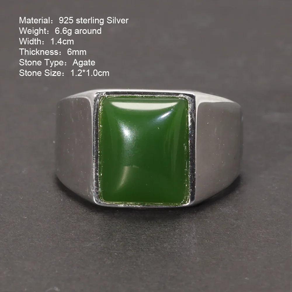 Real 925 Sterling Silver Green Agate Ring for Men Square Shape Natural Gemstone Band Minimalism Jewelry - GQTORCH Jewelry