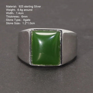 Real 925 Sterling Silver Green Agate Ring for Men Square Shape Natural Gemstone Band Minimalism Jewelry - GQTORCH Jewelry