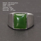 Real 925 Sterling Silver Green Agate Ring for Men Square Shape Natural Gemstone Band Minimalism Jewelry - GQTORCH Jewelry