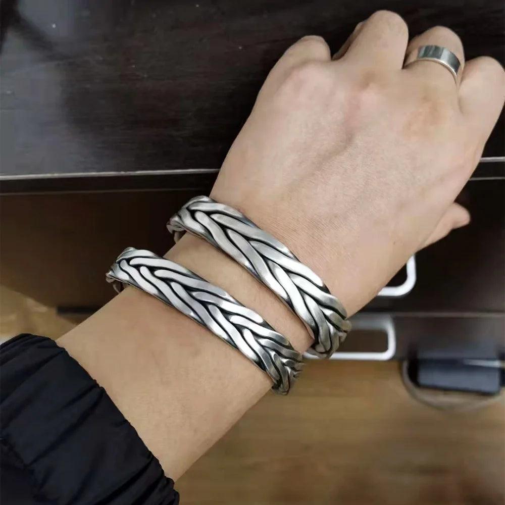 Heavy 999 Sterling Silver Braided Bracelet For Men Retro Solid Thick Handmade Viking Jewelry Opening Adjustable - GQTORCH Jewelry