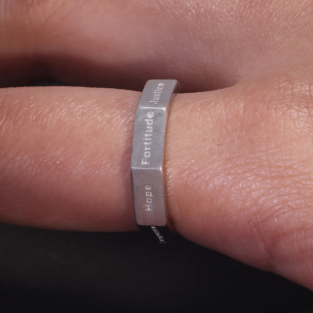 S925 Sterling Silver Faith Virtue Christian Ring for Women Men Seven Virtues Engraved Band Adjustable Geometric Antiqued Jewelry