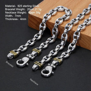 Solid 925 Sterling Silver 7mm Necklace Coffee Bean Chain for Men Retro Antique Punk Style Fine Jewelry - GQTORCH Jewelry
