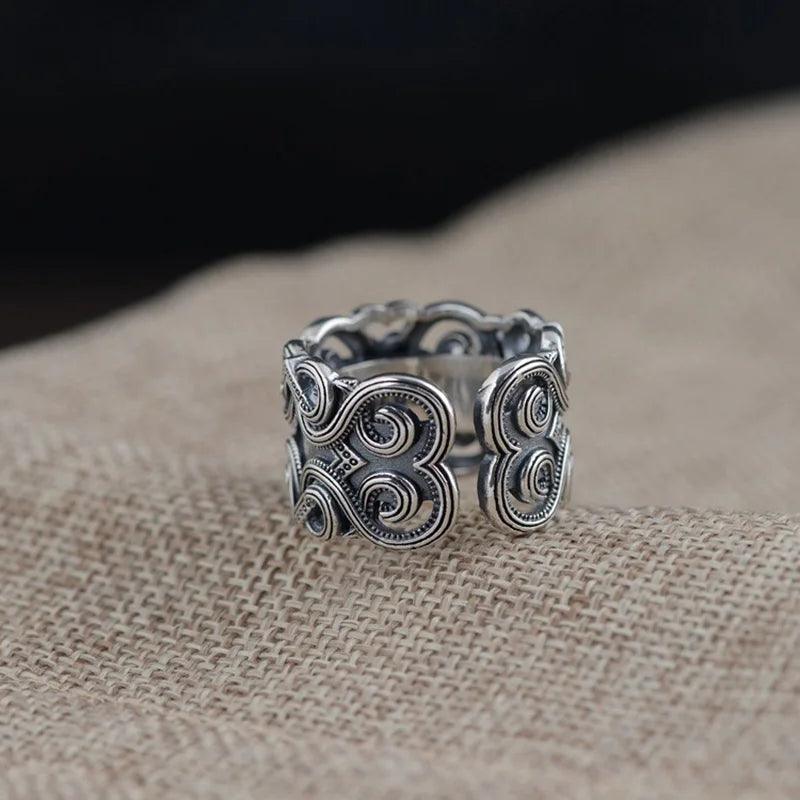 S925 Sterling Silver Vintage Thai Silver Inlaid Black Agate Ring Men and Women Hollow Pattern Wide Couple Rings Silver Ring - GQTORCH Jewelry